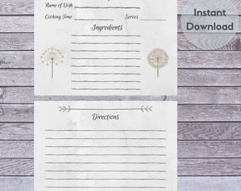 Dandelion Recipe Card, Printable INSTANT DOWNLOAD, Unlimited Prints, 5.5" x 4.3"