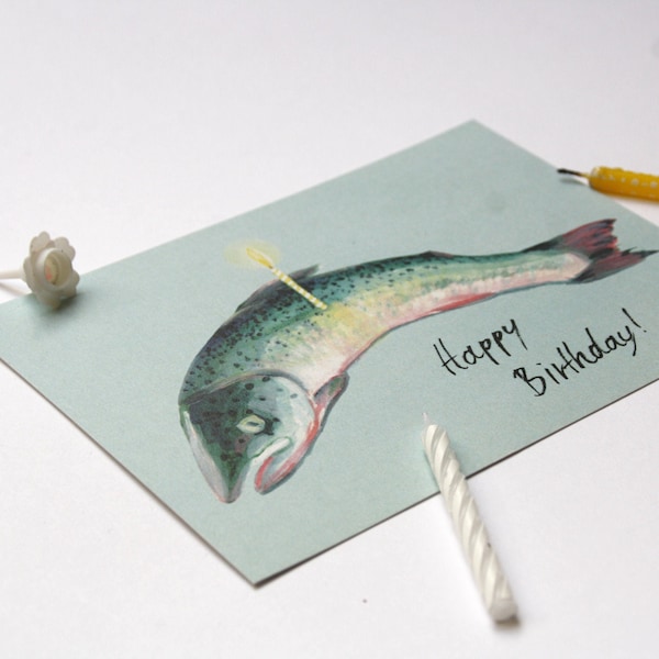 Postkarte Toter Fisch, Lachs, Geburstag, Kerze, schwarzer Humor, Pescotarier, Lax