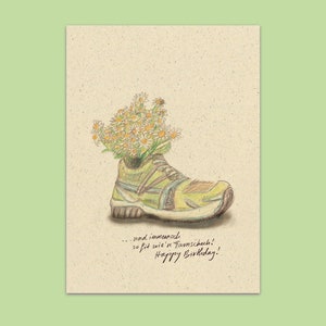 Postkarte Turnschuh, Fitness, Geburtstag, auf Graskarton, Blumenstrauß, Happy Birthday