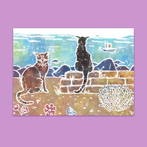 Karte Horizont, zwei Katzen im Süden am Meer, Kitty cat, Lavendel, Küste, Sommer, warme Tage, Gruß, Postkarte