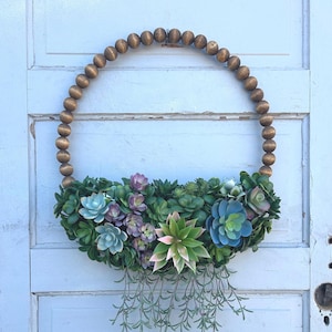 Faux Succulent Wreath for Front door, Artificial Succulent Hoop Wreath, Modern Wood Bead Hoop Wreath, Summer Boho Wall Decor