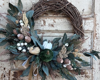 Green and White Pumpkin Wreath for Front door, Pumpkin Autumn Wreath, White Berry Fall Wreath, Greenery Eucalyptus Fall Wreath