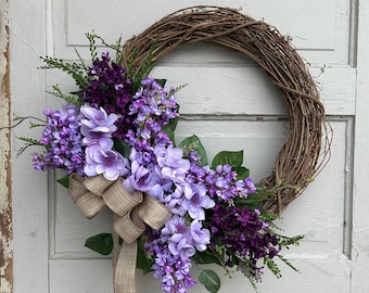 Spring Lilac Wreath for Front Door, Purple Spring Wreath With Burlap Bow, Spring Cottage Wreath, Cottagecore Mother's Day Gift, Gift For Mom