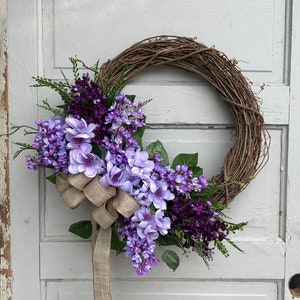 Spring Lilac Wreath for Front Door, Purple Spring Wreath With Burlap Bow, Spring Cottage Wreath, Cottagecore Mother's Day Gift, Gift For Mom