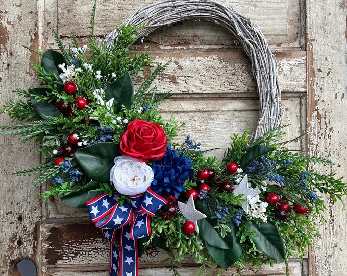 Patriotic Farmhouse Wreath, 4th of July Wreath, Red White and Blue ...