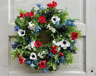 Floral Patriotic Wreath For Front Door, Red White and Blue Flower Wreath, Summer Farmhouse Wreath, 4th of July Wreath, Fourth of July Decor