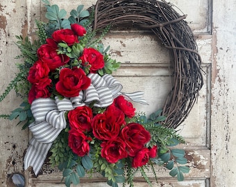 Red Peony Wreath, Red Rose Wreath, French Country Front Door Decor, Red Flower Wreath, Black and White Stripe Bow, Gift For Mom