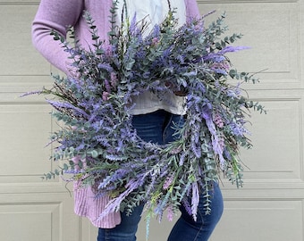 Faux Lavender Wreath For Front Door, Eucalyptus Farmhouse Wreath, Greenery Wreath, Purple Summer Wreath, Cottage Style Lavender Wreath