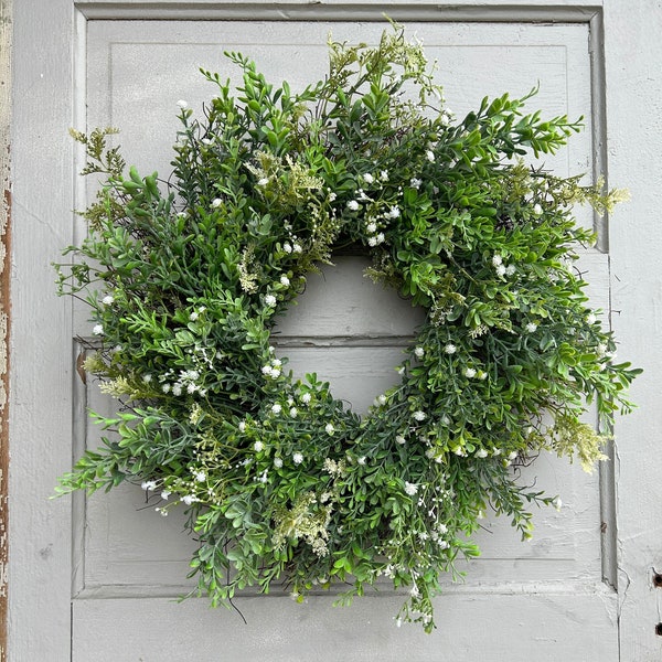 Faux Boxwood Wreath For Front Door, Green Farmhouse Wreath, Greenery Wreath, Year Round Wreath, Black and White Bow, Green Spring Wreath