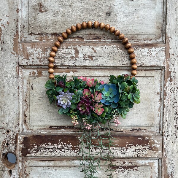 Faux Succulent Wreath for Front door, Artificial Succulent Hoop Wreath, Modern Wood Bead Hoop Wreath, Summer Boho Wall Decor