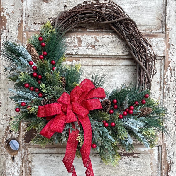 Woodland Christmas Wreath, Rustic Christmas Wreath, Red Burlap Bow Wreath, Faux Evergreens Christmas Wreath, Red Berry Christmas Wreath