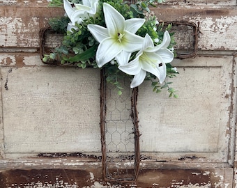 Floral Cross Door Hanger for Easter, Cross Wreath For Front Door, Easter Lily Wreath, Cross Flower Wreath, Grapevine Cross Wall Hanger