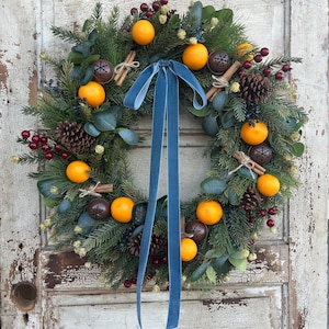 Colonial Williamsburg Style Christmas Wreath with Fruit and Berries, Orange Pomegranate Christmas Wreath with Pine Cones and Cinnamon Sticks