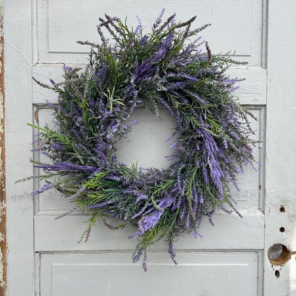 Faux Lavender Wreath For Front Door, Eucalyptus Farmhouse Wreath, Greenery Wreath, Purple Summer Wreath, Cottage Style Lavender Wreath