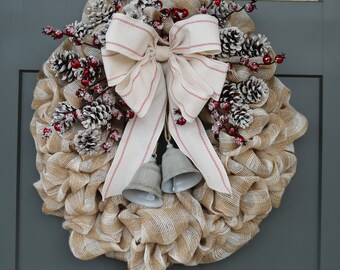 Vintage Style Burlap Christmas Wreath For Front Door, Frosted White Pine Cone Wreath, Burlap Mesh Christmas Wreath, Silver Bells Decor