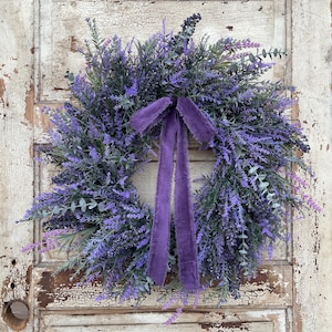 Faux Lavender Wreath For Front Door, Eucalyptus Farmhouse Wreath, Greenery Wreath, Purple Summer Wreath, Cottage Style Lavender Wreath