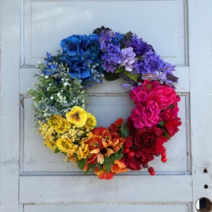 Rainbow Wreath For Front Door, Rainbow Floral Wreath, PRIDE Wreath for Front Porch, Colorful Summer Wreath, LGBTQ Pride Decor, LGBTQ Wreath