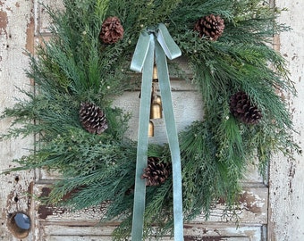 Norfolk Christmas Wreath with Gold Bells, Evergreen Christmas Wreath with Pine Cones, Faux Evergreen Wreath with Bells, Bell Wreath