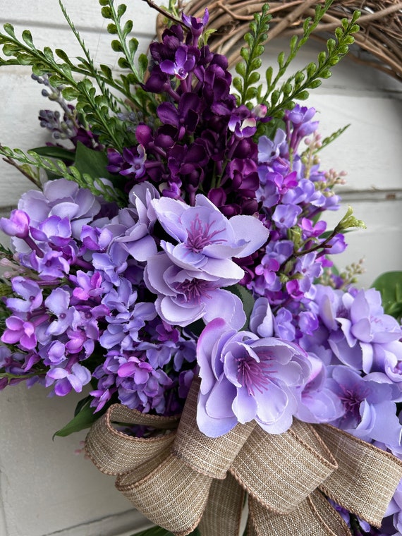 Spring Lilac Wreath for Front Door, Purple Spring Wreath With