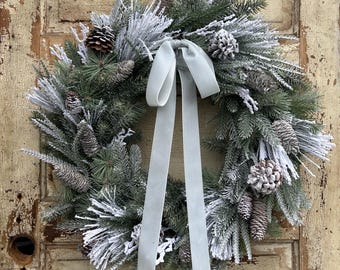 Snow Covered Faux Greenery Winter Wreath with Velvet Bow, Snowy Pine Wreath for Winter, Snowy Winter Wreath with Pinecones and Velvet Bow