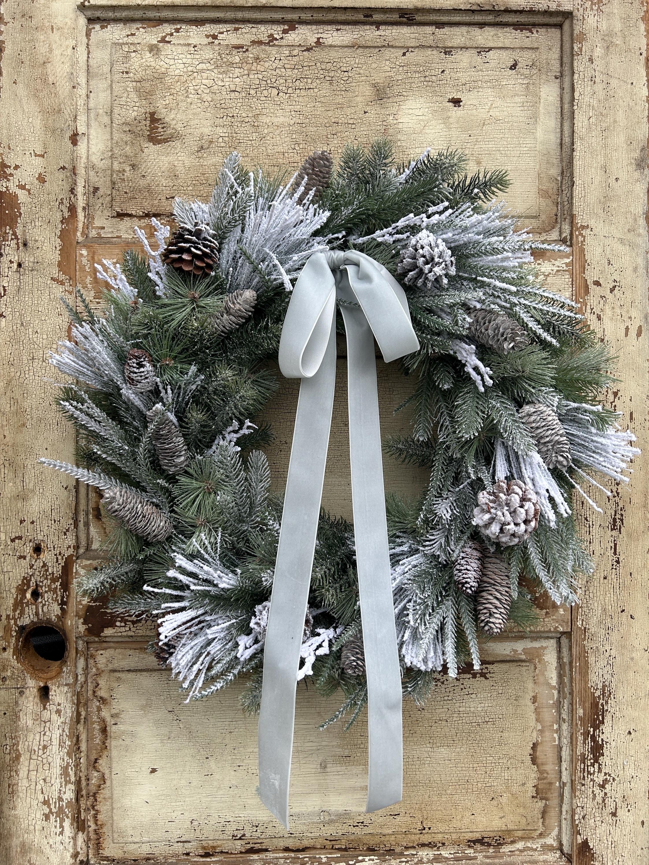 21 Winter Wreath Ideas Beyond Christmas 16 Snow Covered Faux Greenery Winter Wreath with Velvet Bow, Snowy Pine…