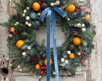 Colonial Williamsburg Style Christmas Wreath with Fruit and Berries, Orange Pomegranate Christmas Wreath with Pine Cones and Cinnamon Sticks