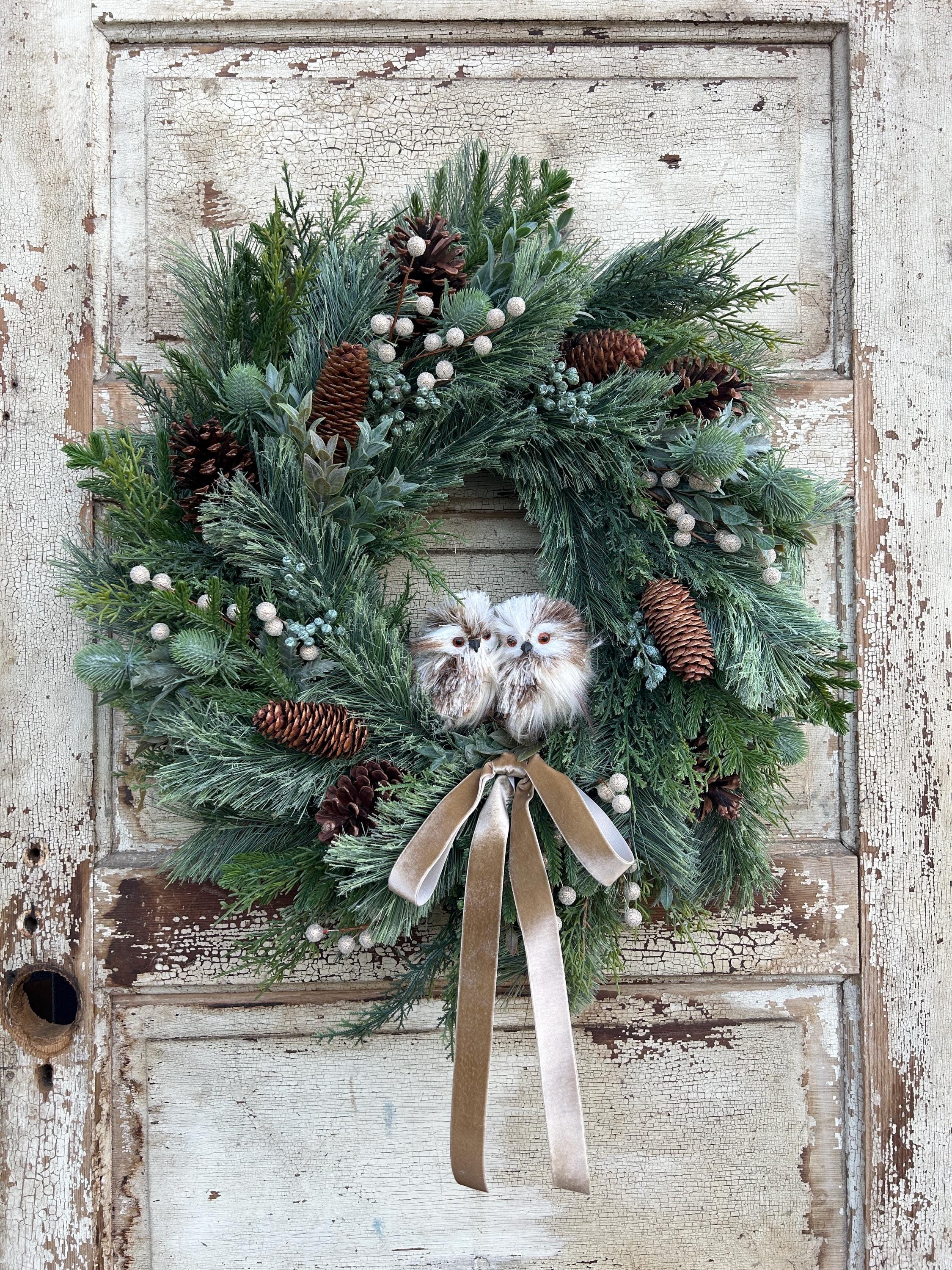 37 Inviting Christmas Front Porch Decor Ideas to Welcome Guests: Festive Ways to Wow Your Neighbors 5 Realistic Pine Christmas Wreath with Owls, Brown Owl Wreath For…