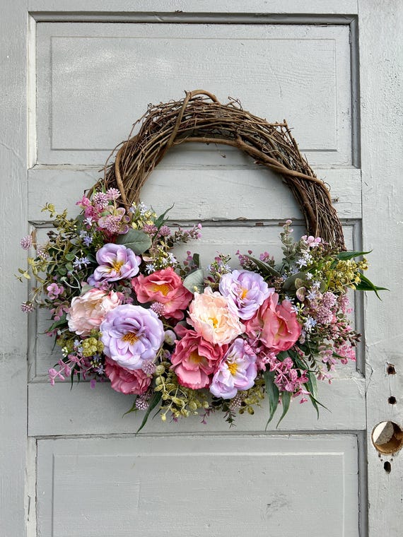 Pastel Spring Wreath For Front Door, Spring Peony Wreath, Pastel Floral Wreath with Purple Bow, Spring Cottage Wreath, Mother's Day Gift
