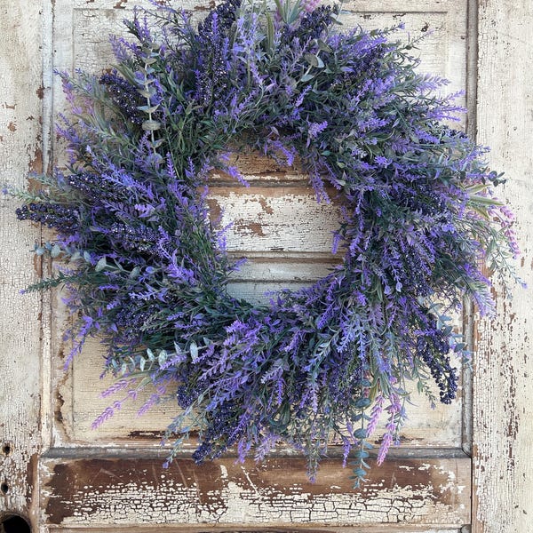 Faux Lavender Wreath For Front Door, Eucalyptus Farmhouse Wreath, Greenery Wreath, Purple Summer Wreath, Cottage Style Lavender Wreath