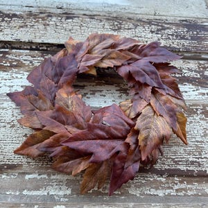 Neutral Mini Fall Wreath, Faux Maple Leaf Fall Candle Ring, Brown Colored Autumn Foliage, Natural Looking Leaves, Harvest Entryway Decor