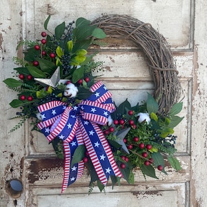 Patriotic Summer Berry Wreath For Front Door, Red White and Blue Wreath with Bow, 4th of July Decor, Americana Farmhouse Decor