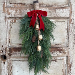 Christmas Swag with Gold Bells, Red and Green Christmas Swag, Faux Christmas Greenery Swag with Velvet Ribbon, Front Door Christmas Swag