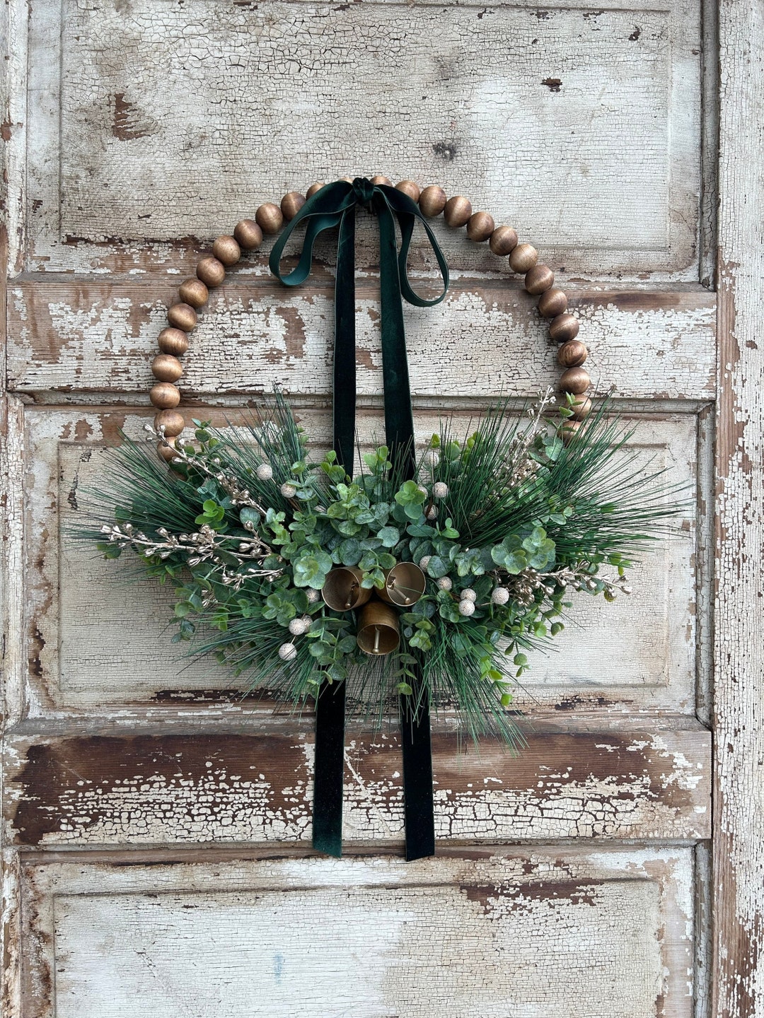 Emerald Green and Gold Bead Hoop Wreath for Front Door, Christmas Hoop