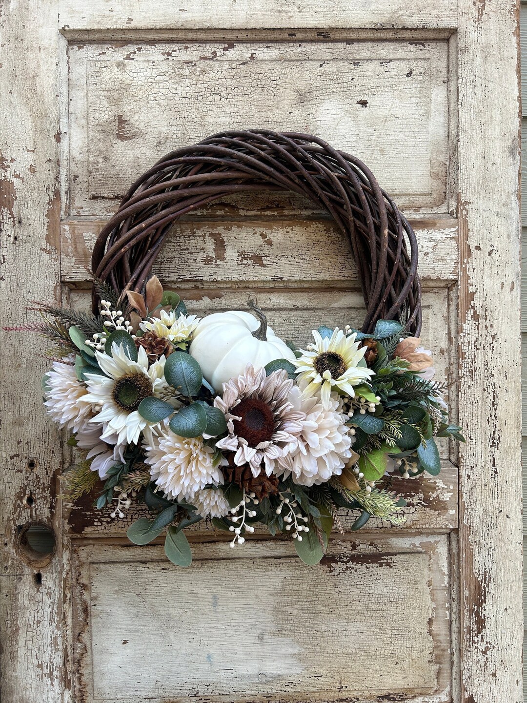 White Pumpkin Fall Wreath for Front Door White and Green Fall - Etsy