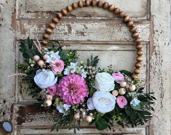 Pink Dahlia and Peony Hoop Wreath For Front Door, Pink Ball Dahlia Wreath, Stained Wood Bead Wreath, Pink Modern Farmhouse Hoop Wreath