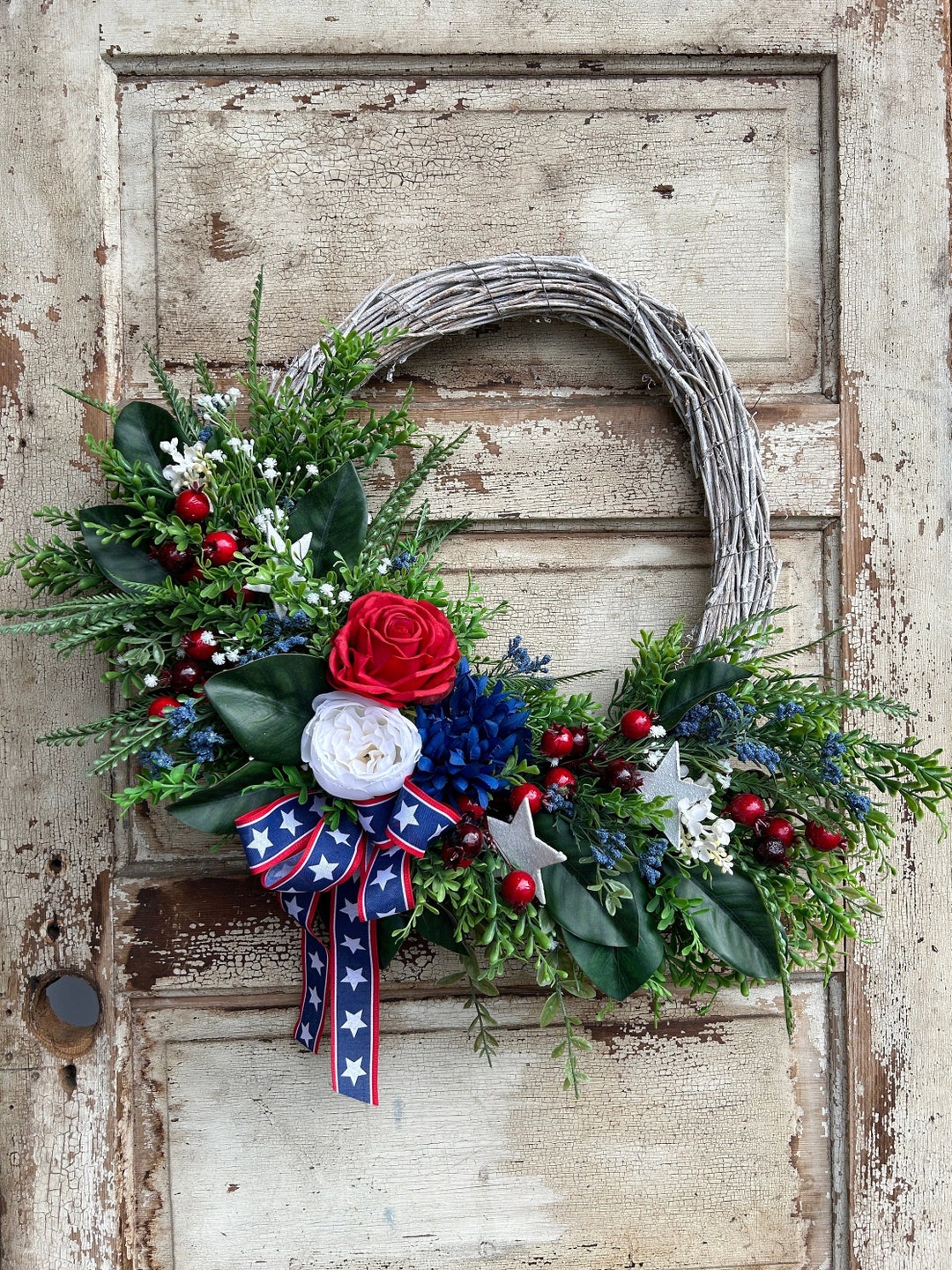 Patriotic Farmhouse Wreath, 4th of July Wreath, Red White and Blue ...