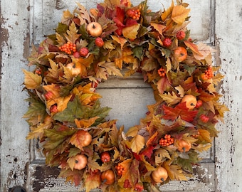 Orange Fall Wreath With Pumpkins, Maple Leaves Foliage Wreath For Front Door, Autumn Housewarming Gift, Pumpkin Harvest Entryway Decor