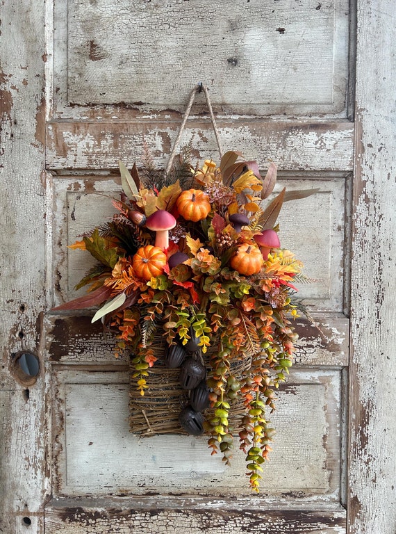 Orange Pumpkin Door Basket, Fall Entry Way Basket, Autumn Door Hanger, Thanksgiving Basket for Door, Fall Farmhouse Front Door Basket