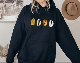 Uniseks hoodie met kaurischelpen: cadeau voor Afrikaanse kunst