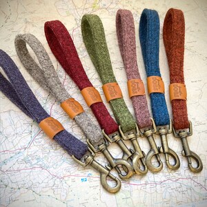 May include: Seven colourful felt dog leads with brass clasps. Each lead has a brown leather tag with the text "Gentle Boos" embossed on it.