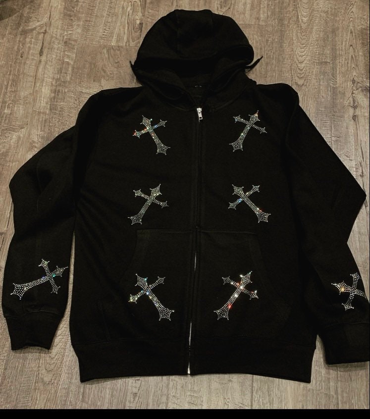 Original Slanted Cross Rhinestones Zip Hoodie