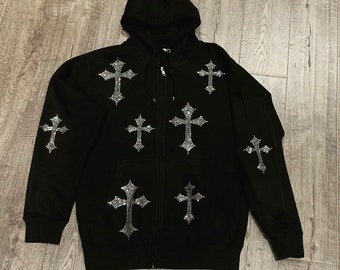 Rhinestones Cross Zip Up Hoodie