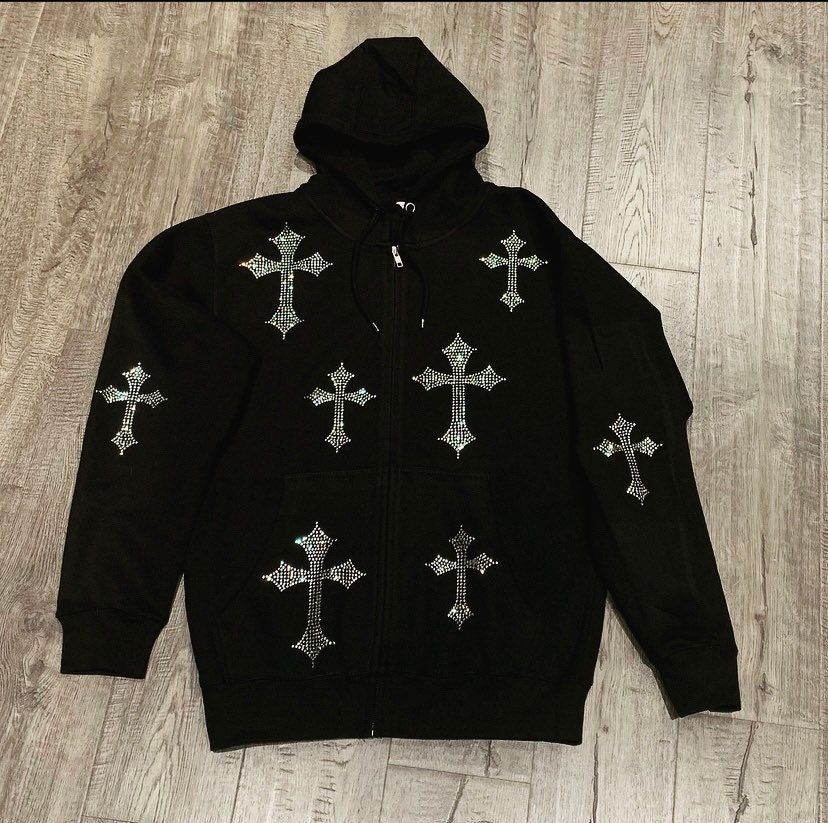 Rhinestones Cross Zip up Hoodie - Etsy