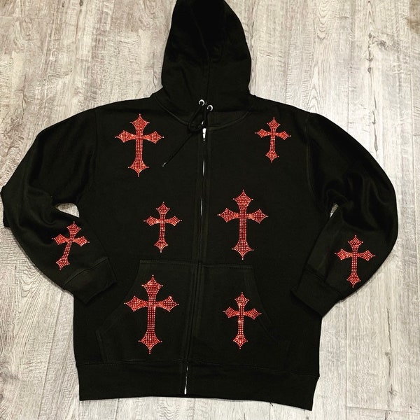 Red Rhinestuds cross zip up