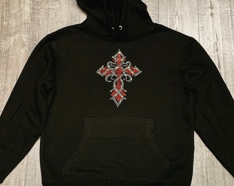 【本日限定価格！】GOTHIC CROSS HOODIE ZIP UP Oversized Boxy Zip Through Embroidered Gothic Cross Hoodie