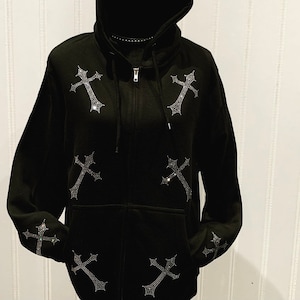 Original Slanted Cross Rhinestones Zip Hoodie