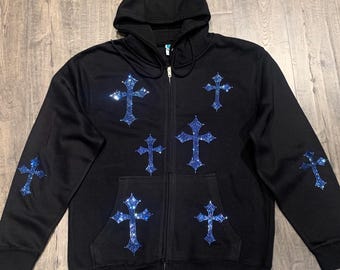 Blue Rhinestones Zip up Hoodie - Etsy