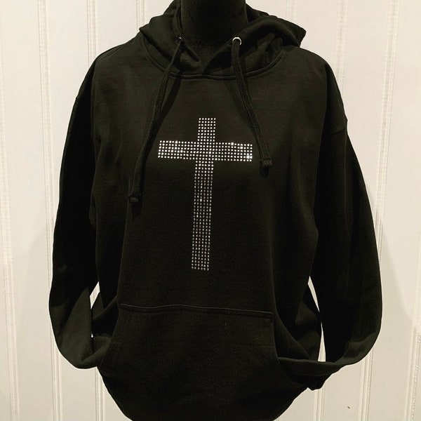 Long cross rhinestone hoodie
