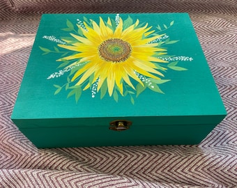 Hand Painted Sunflower Wooden Box: Teal Decorative Storage