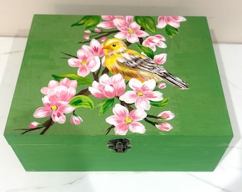 Hand Painted Sage Green Memory Box, Floral Bird Design